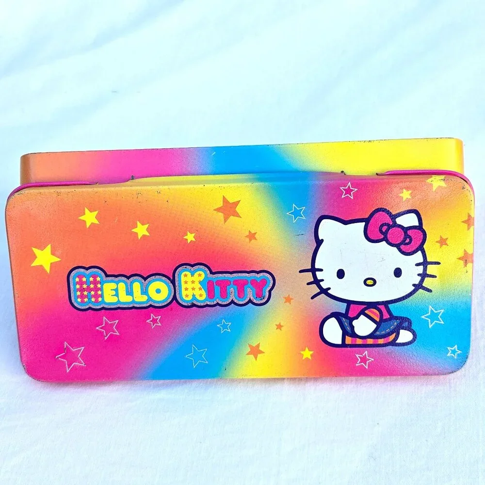 90s Sanrio Hello Kitty Pencil Box Metal Tin Pastel Rainbow Stars Japan
